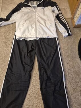 **JACKET IS MEDIUM. PANTS ARE LARGE**Adidas Black and White Two-Piece Tracksuit.